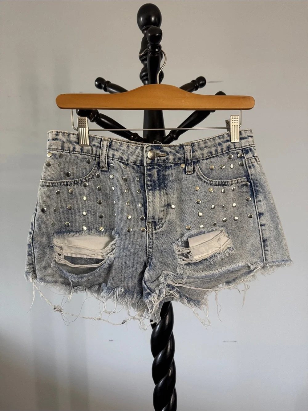 Studded Light-Wash Distressed Denim Shorts